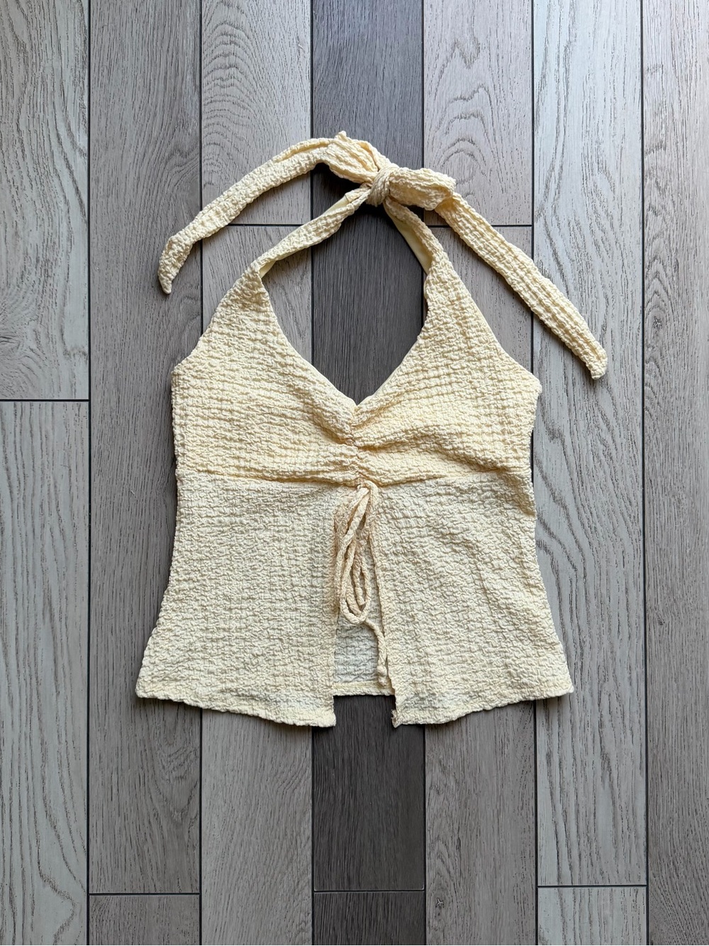 See you Monday Yellow Textured Halter Tie-Front Top size M